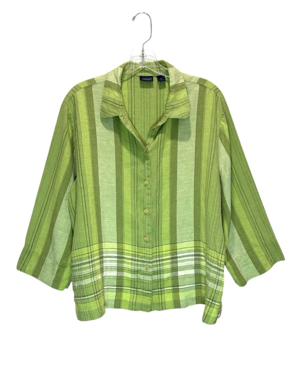 Chartreuse Plaid Linen Boxy Button-up Shirt w/ 3/4 Split Sleeves - Extra Large
